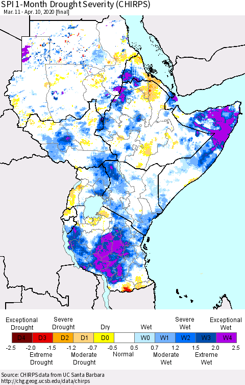 Eastern Africa SPI 1-Month Drought Severity (CHIRPS) Thematic Map For 3/11/2020 - 4/10/2020