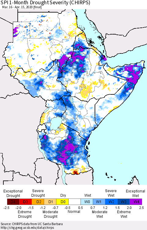 Eastern Africa SPI 1-Month Drought Severity (CHIRPS) Thematic Map For 3/16/2020 - 4/15/2020