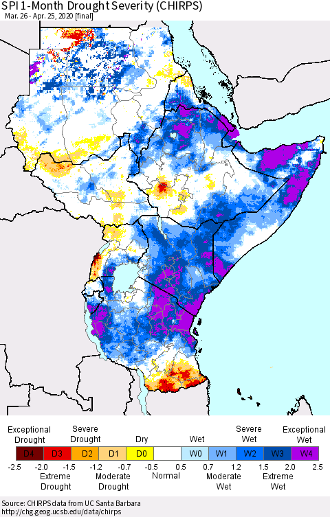 Eastern Africa SPI 1-Month Drought Severity (CHIRPS) Thematic Map For 3/26/2020 - 4/25/2020