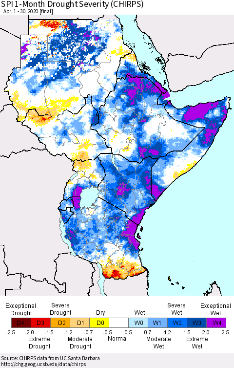 Eastern Africa SPI 1-Month Drought Severity (CHIRPS) Thematic Map For 4/1/2020 - 4/30/2020
