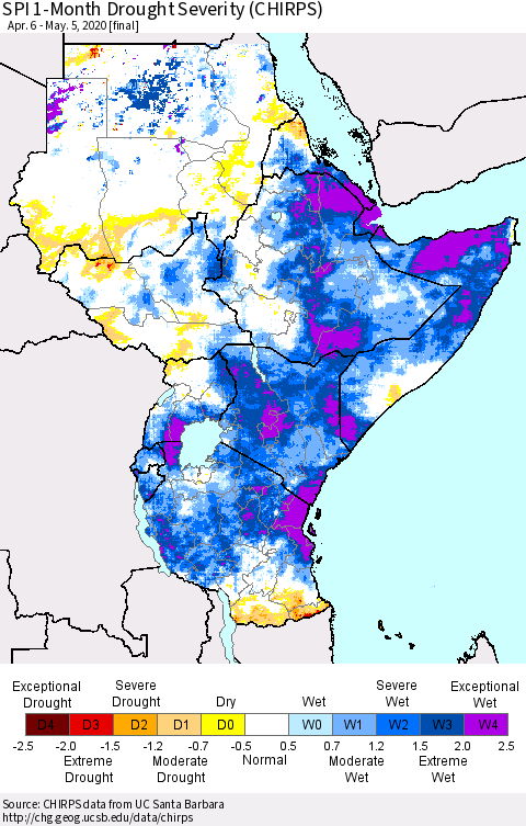 Eastern Africa SPI 1-Month Drought Severity (CHIRPS) Thematic Map For 4/6/2020 - 5/5/2020