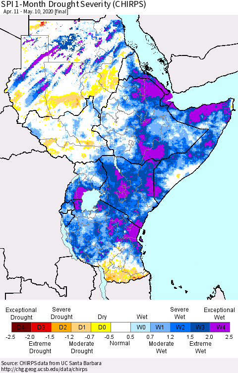 Eastern Africa SPI 1-Month Drought Severity (CHIRPS) Thematic Map For 4/11/2020 - 5/10/2020