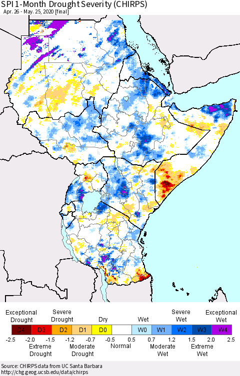 Eastern Africa SPI 1-Month Drought Severity (CHIRPS) Thematic Map For 4/26/2020 - 5/25/2020
