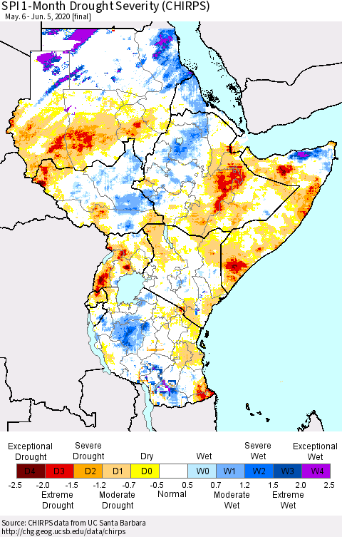 Eastern Africa SPI 1-Month Drought Severity (CHIRPS) Thematic Map For 5/6/2020 - 6/5/2020