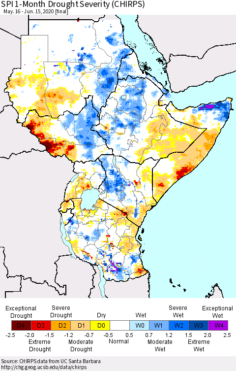 Eastern Africa SPI 1-Month Drought Severity (CHIRPS) Thematic Map For 5/16/2020 - 6/15/2020