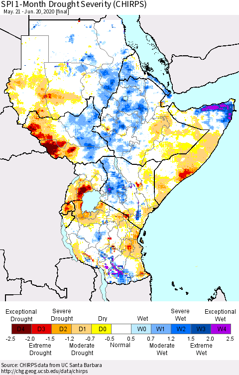 Eastern Africa SPI 1-Month Drought Severity (CHIRPS) Thematic Map For 5/21/2020 - 6/20/2020