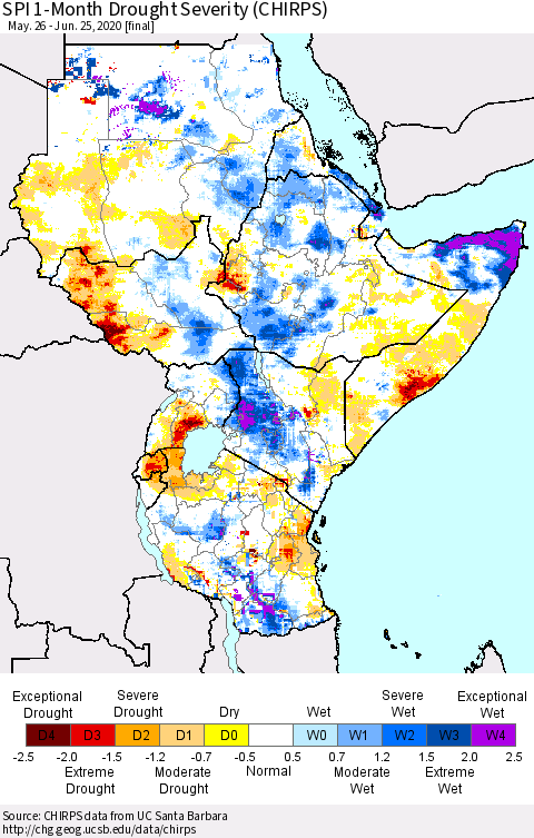 Eastern Africa SPI 1-Month Drought Severity (CHIRPS) Thematic Map For 5/26/2020 - 6/25/2020