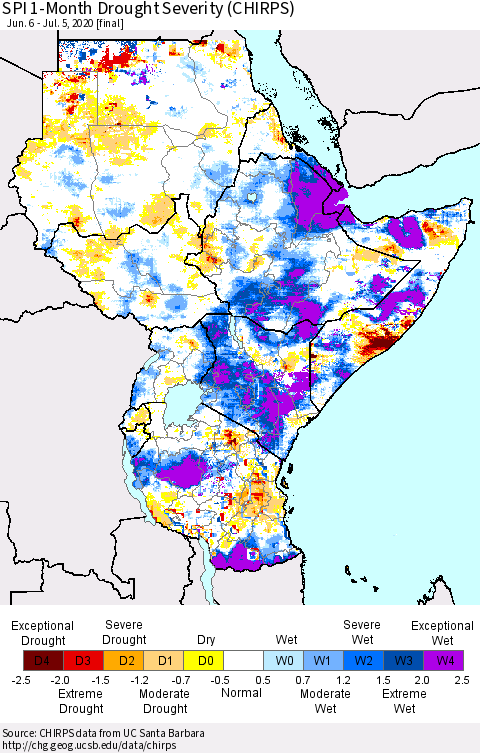 Eastern Africa SPI 1-Month Drought Severity (CHIRPS) Thematic Map For 6/6/2020 - 7/5/2020