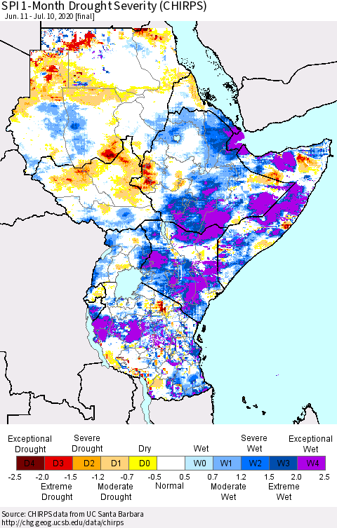 Eastern Africa SPI 1-Month Drought Severity (CHIRPS) Thematic Map For 6/11/2020 - 7/10/2020