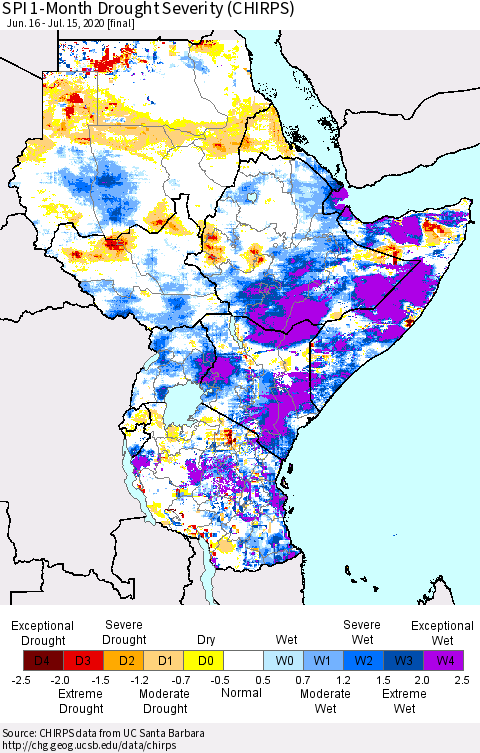 Eastern Africa SPI 1-Month Drought Severity (CHIRPS) Thematic Map For 6/16/2020 - 7/15/2020
