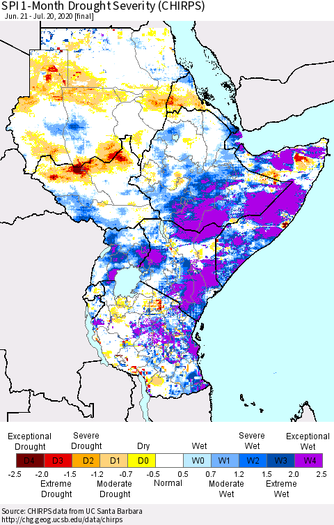 Eastern Africa SPI 1-Month Drought Severity (CHIRPS) Thematic Map For 6/21/2020 - 7/20/2020