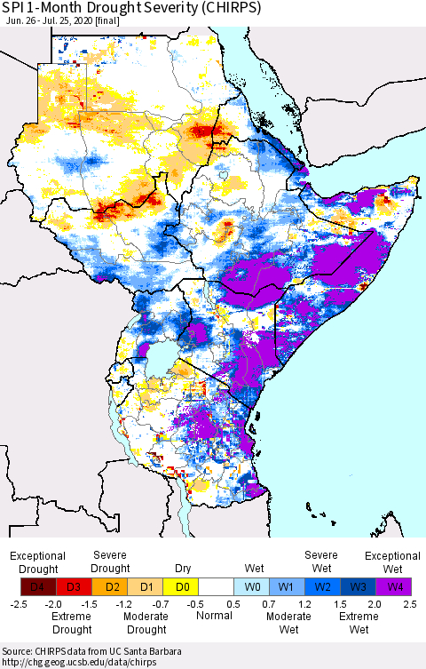 Eastern Africa SPI 1-Month Drought Severity (CHIRPS) Thematic Map For 6/26/2020 - 7/25/2020