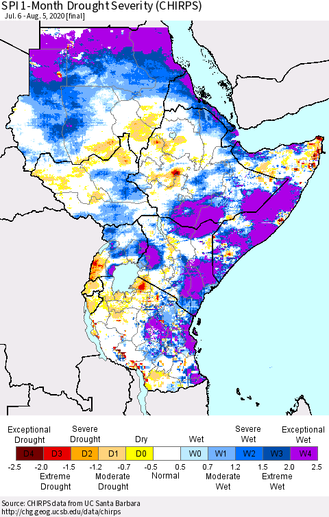 Eastern Africa SPI 1-Month Drought Severity (CHIRPS) Thematic Map For 7/6/2020 - 8/5/2020
