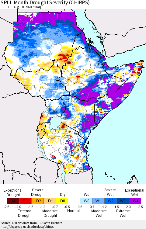 Eastern Africa SPI 1-Month Drought Severity (CHIRPS) Thematic Map For 7/11/2020 - 8/10/2020