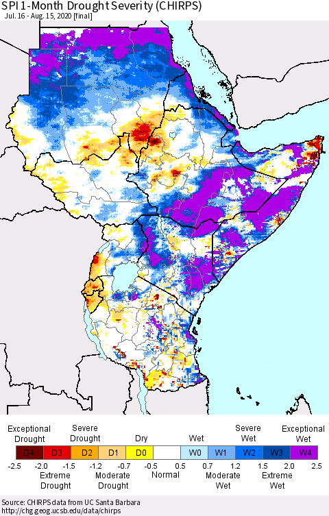 Eastern Africa SPI 1-Month Drought Severity (CHIRPS) Thematic Map For 7/16/2020 - 8/15/2020