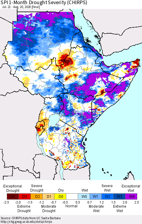 Eastern Africa SPI 1-Month Drought Severity (CHIRPS) Thematic Map For 7/21/2020 - 8/20/2020
