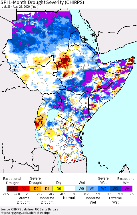 Eastern Africa SPI 1-Month Drought Severity (CHIRPS) Thematic Map For 7/26/2020 - 8/25/2020
