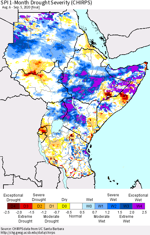 Eastern Africa SPI 1-Month Drought Severity (CHIRPS) Thematic Map For 8/6/2020 - 9/5/2020
