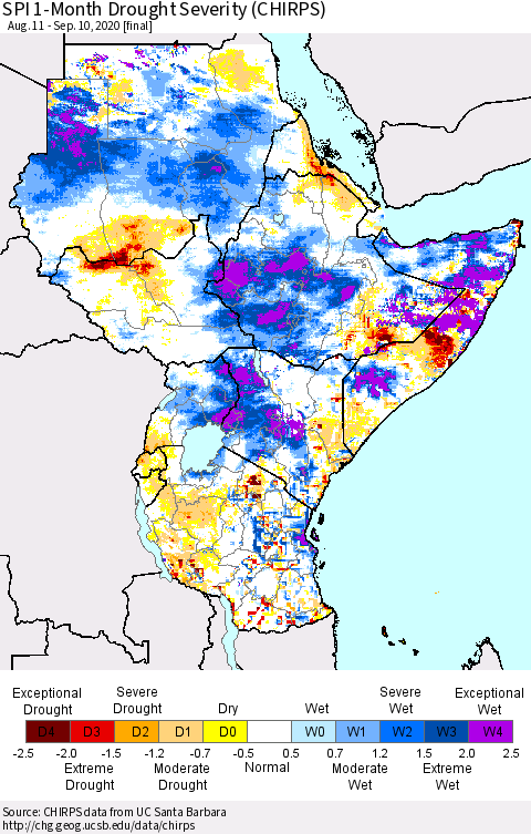 Eastern Africa SPI 1-Month Drought Severity (CHIRPS) Thematic Map For 8/11/2020 - 9/10/2020