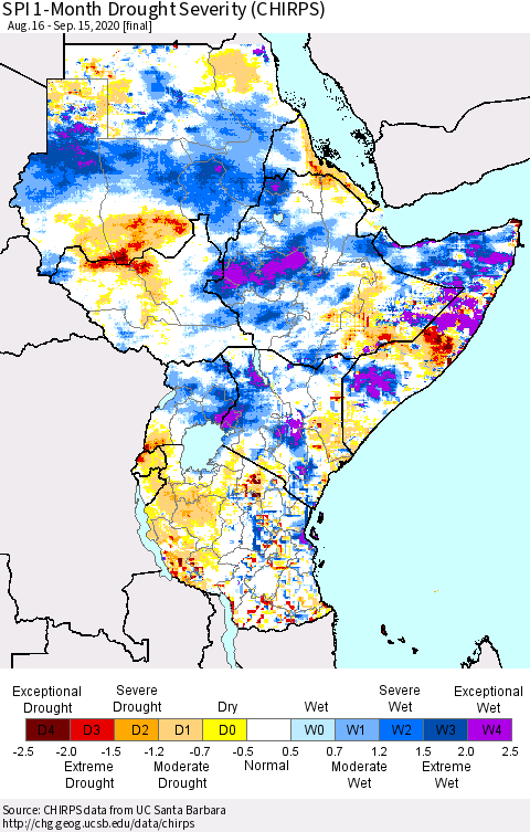 Eastern Africa SPI 1-Month Drought Severity (CHIRPS) Thematic Map For 8/16/2020 - 9/15/2020