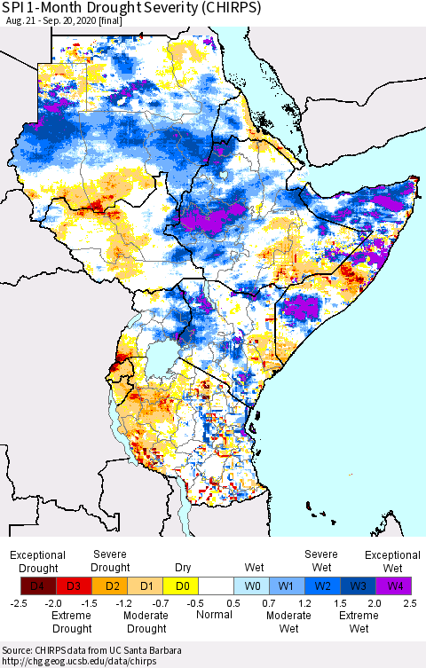 Eastern Africa SPI 1-Month Drought Severity (CHIRPS) Thematic Map For 8/21/2020 - 9/20/2020
