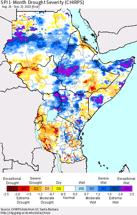 Eastern Africa SPI 1-Month Drought Severity (CHIRPS) Thematic Map For 8/26/2020 - 9/25/2020