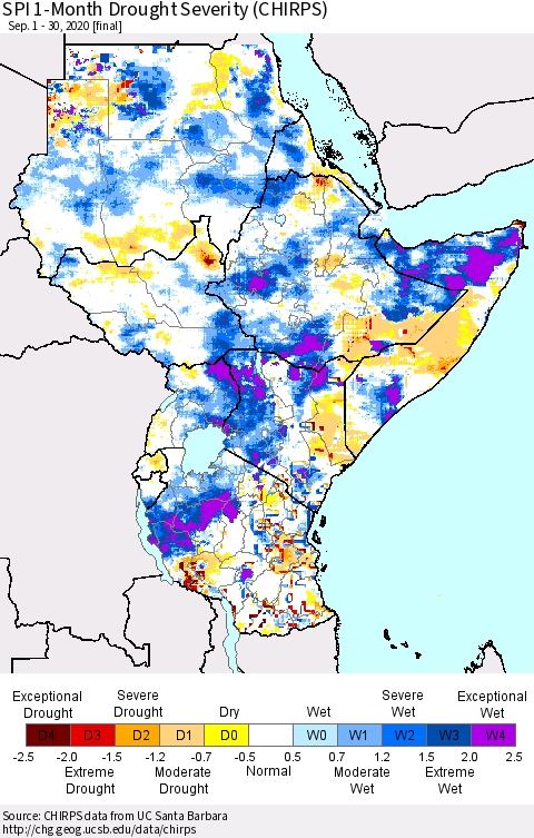 Eastern Africa SPI 1-Month Drought Severity (CHIRPS) Thematic Map For 9/1/2020 - 9/30/2020
