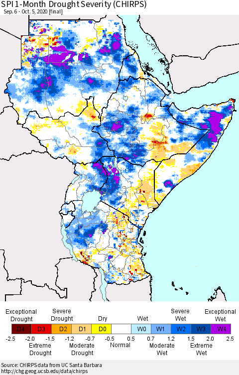 Eastern Africa SPI 1-Month Drought Severity (CHIRPS) Thematic Map For 9/6/2020 - 10/5/2020