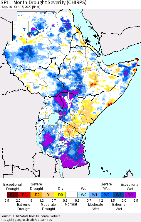 Eastern Africa SPI 1-Month Drought Severity (CHIRPS) Thematic Map For 9/16/2020 - 10/15/2020