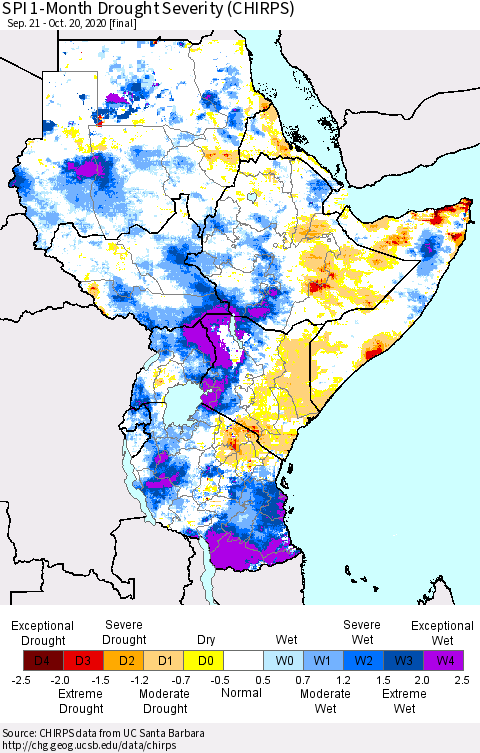 Eastern Africa SPI 1-Month Drought Severity (CHIRPS) Thematic Map For 9/21/2020 - 10/20/2020