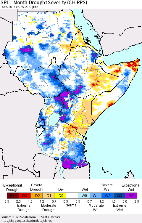 Eastern Africa SPI 1-Month Drought Severity (CHIRPS) Thematic Map For 9/26/2020 - 10/25/2020