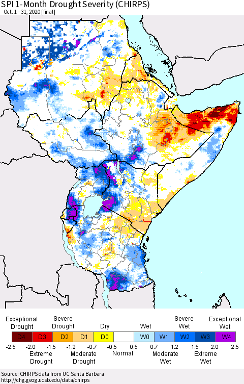 Eastern Africa SPI 1-Month Drought Severity (CHIRPS) Thematic Map For 10/1/2020 - 10/31/2020