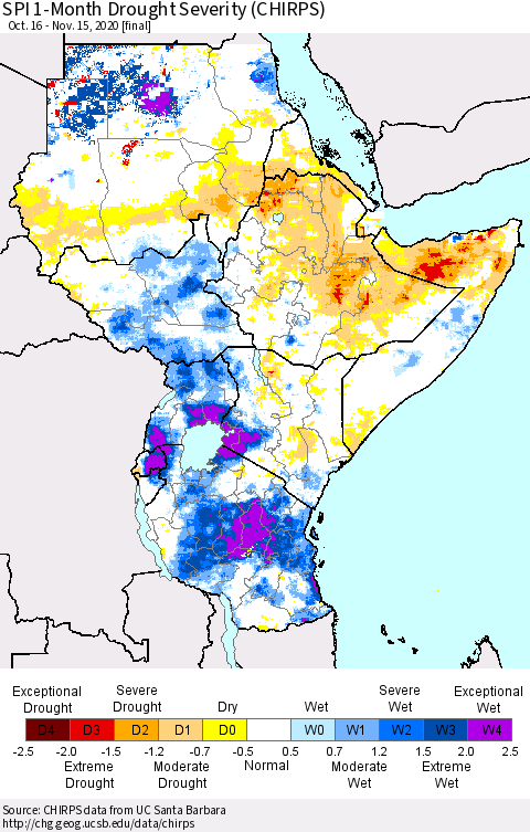 Eastern Africa SPI 1-Month Drought Severity (CHIRPS) Thematic Map For 10/16/2020 - 11/15/2020