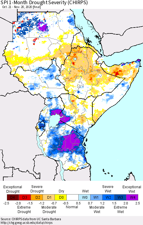 Eastern Africa SPI 1-Month Drought Severity (CHIRPS) Thematic Map For 10/21/2020 - 11/20/2020