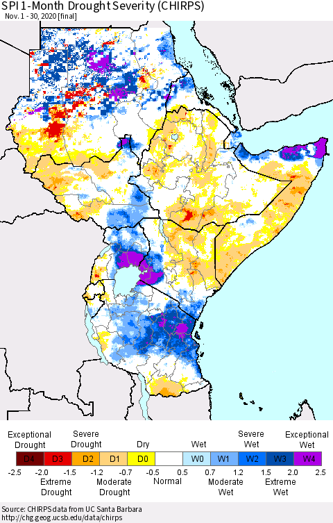 Eastern Africa SPI 1-Month Drought Severity (CHIRPS) Thematic Map For 11/1/2020 - 11/30/2020