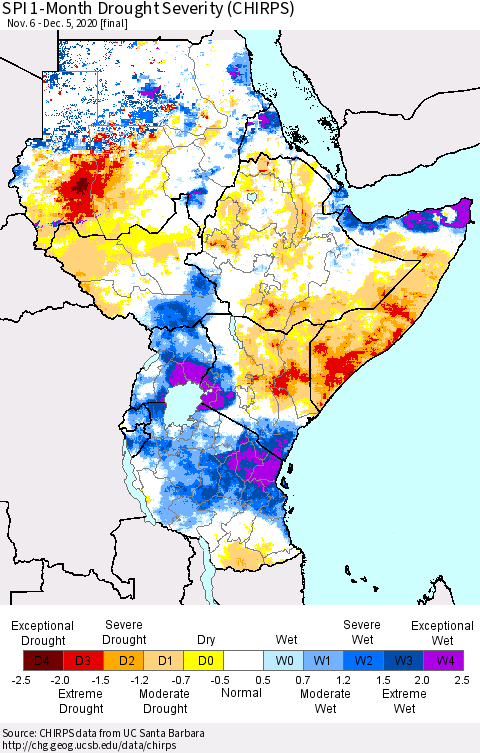 Eastern Africa SPI 1-Month Drought Severity (CHIRPS) Thematic Map For 11/6/2020 - 12/5/2020