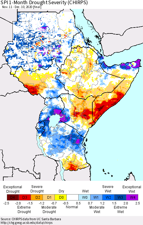 Eastern Africa SPI 1-Month Drought Severity (CHIRPS) Thematic Map For 11/11/2020 - 12/10/2020