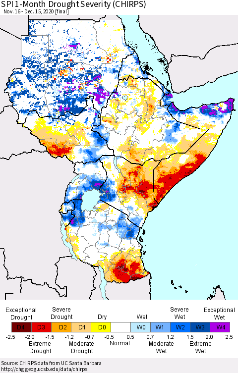 Eastern Africa SPI 1-Month Drought Severity (CHIRPS) Thematic Map For 11/16/2020 - 12/15/2020