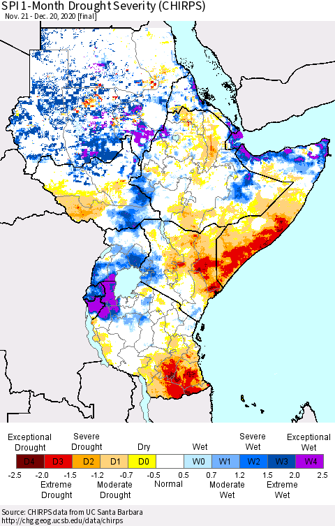 Eastern Africa SPI 1-Month Drought Severity (CHIRPS) Thematic Map For 11/21/2020 - 12/20/2020