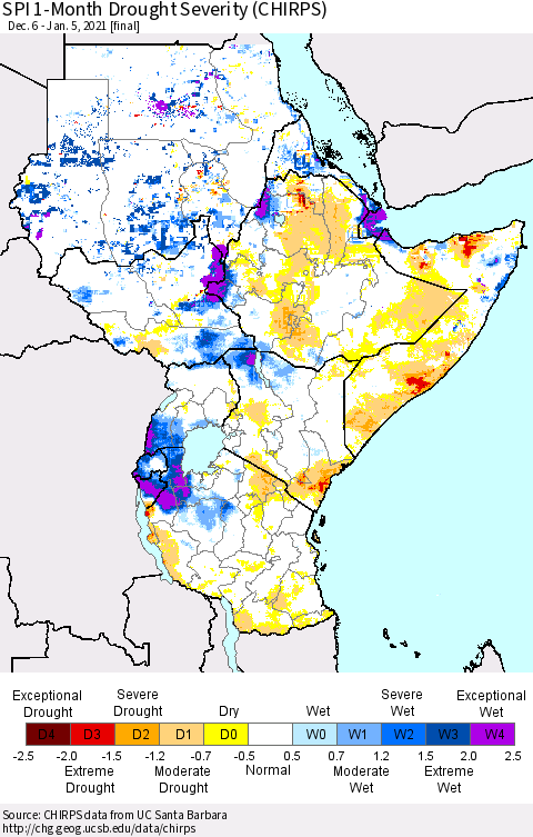 Eastern Africa SPI 1-Month Drought Severity (CHIRPS) Thematic Map For 12/6/2020 - 1/5/2021