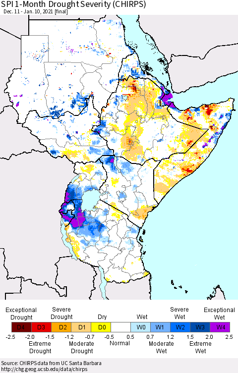Eastern Africa SPI 1-Month Drought Severity (CHIRPS) Thematic Map For 12/11/2020 - 1/10/2021