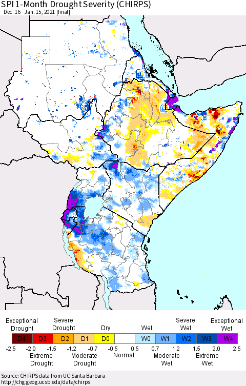 Eastern Africa SPI 1-Month Drought Severity (CHIRPS) Thematic Map For 12/16/2020 - 1/15/2021