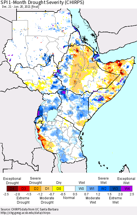 Eastern Africa SPI 1-Month Drought Severity (CHIRPS) Thematic Map For 12/21/2020 - 1/20/2021