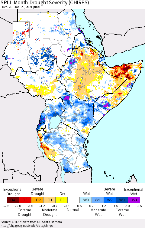Eastern Africa SPI 1-Month Drought Severity (CHIRPS) Thematic Map For 12/26/2020 - 1/25/2021