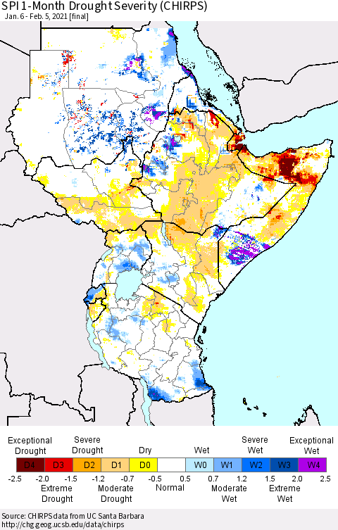 Eastern Africa SPI 1-Month Drought Severity (CHIRPS) Thematic Map For 1/6/2021 - 2/5/2021