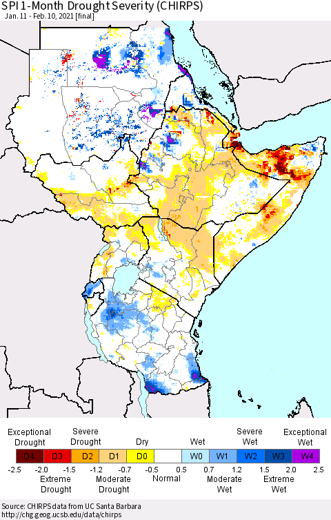 Eastern Africa SPI 1-Month Drought Severity (CHIRPS) Thematic Map For 1/11/2021 - 2/10/2021