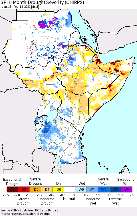 Eastern Africa SPI 1-Month Drought Severity (CHIRPS) Thematic Map For 1/16/2021 - 2/15/2021