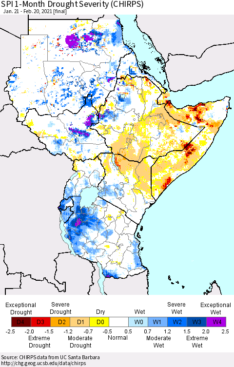 Eastern Africa SPI 1-Month Drought Severity (CHIRPS) Thematic Map For 1/21/2021 - 2/20/2021