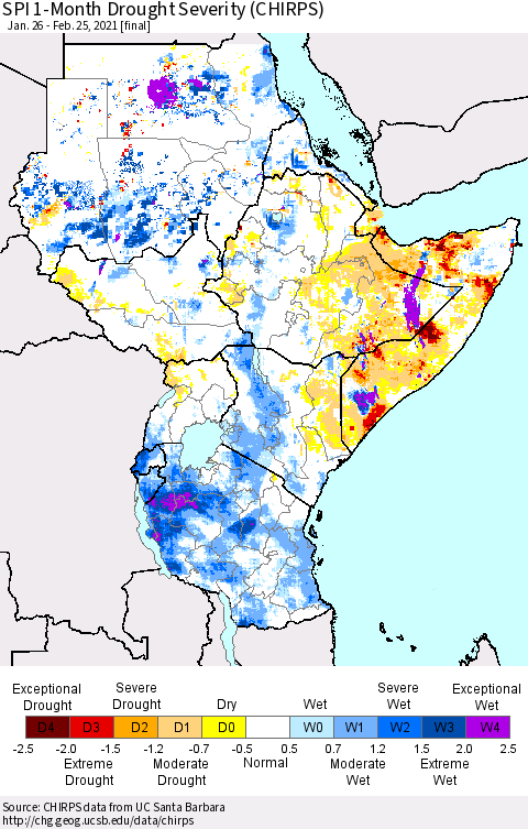 Eastern Africa SPI 1-Month Drought Severity (CHIRPS) Thematic Map For 1/26/2021 - 2/25/2021