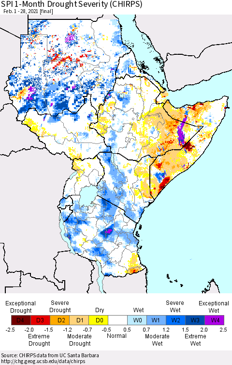 Eastern Africa SPI 1-Month Drought Severity (CHIRPS) Thematic Map For 2/1/2021 - 2/28/2021
